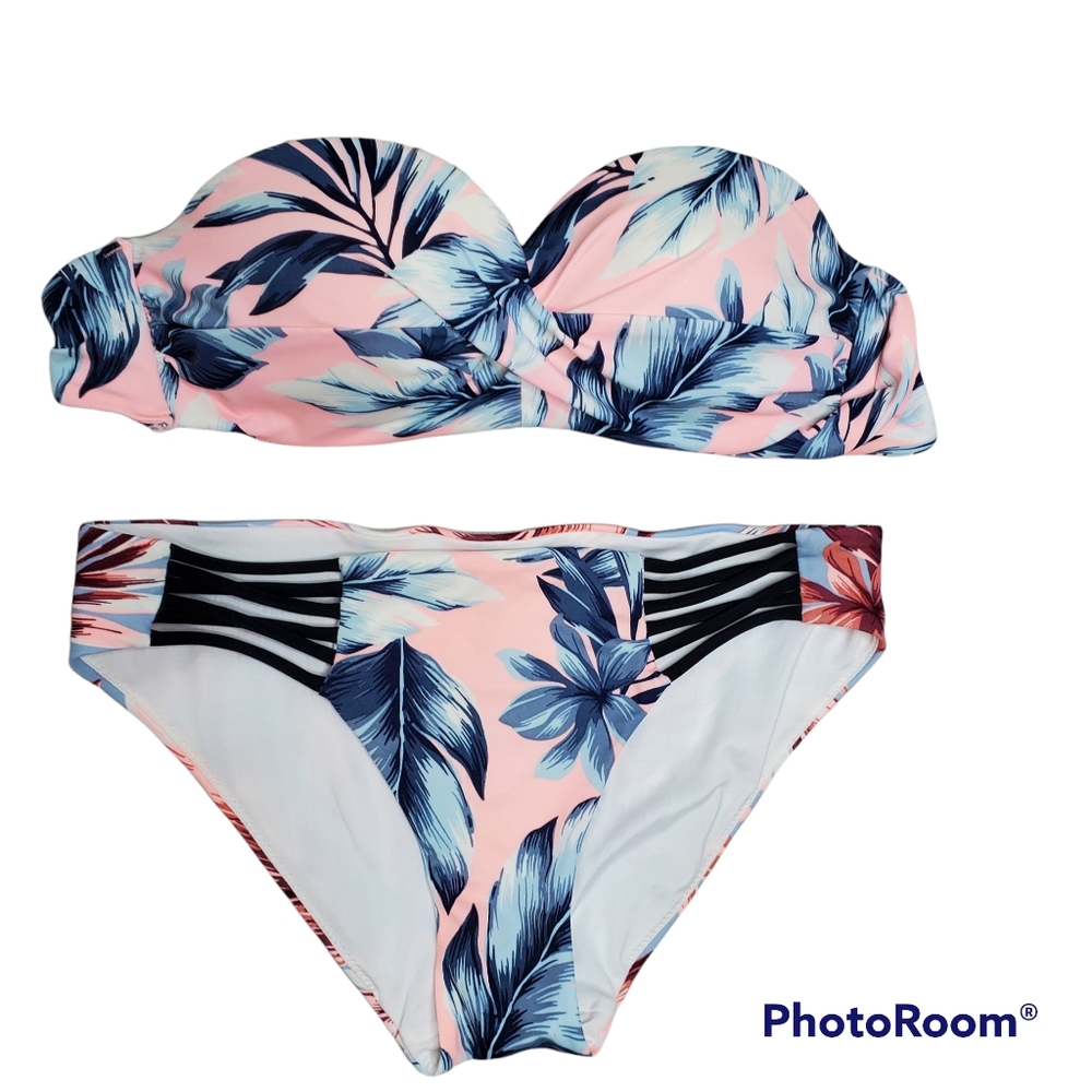 PINK by‎ Victoria's Secret tropical palms bikini set bandeau top size Xs Small